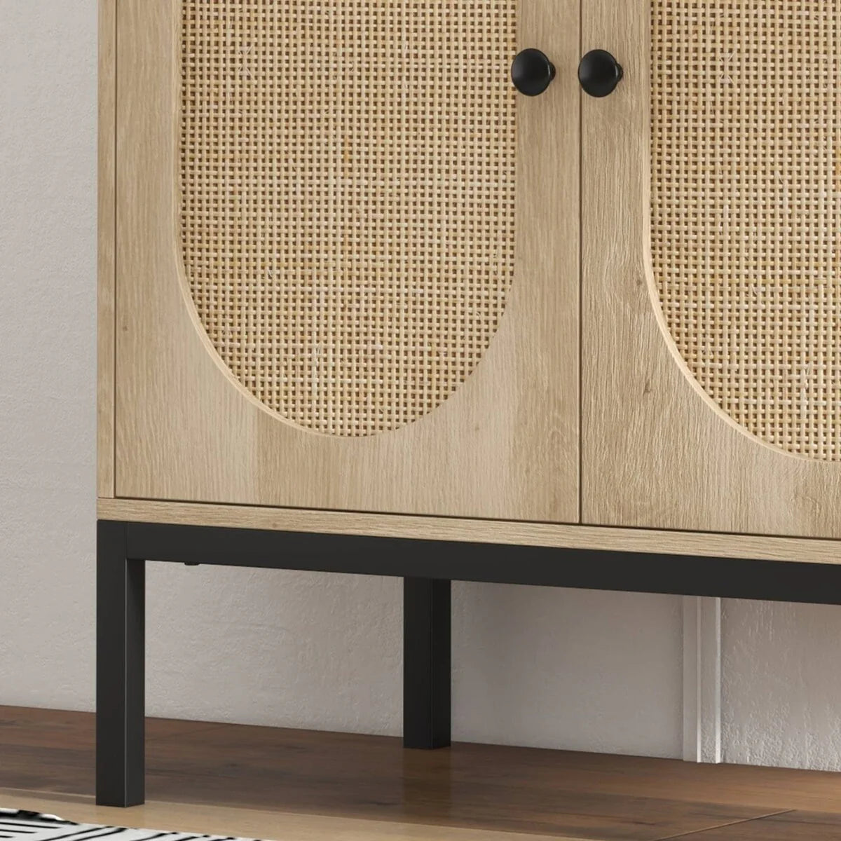Beige Rattan Storage Cabinet with Doors and Shelves - N/A