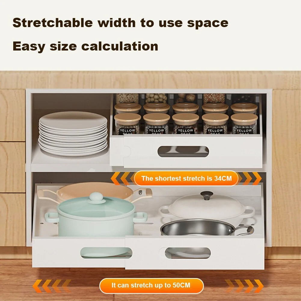 Slide Out Cabinet Organizer Kitchen Telescopic Drawer, Extendable Kitchen Storage Shelf Basket Drawer Slide Out Organizer