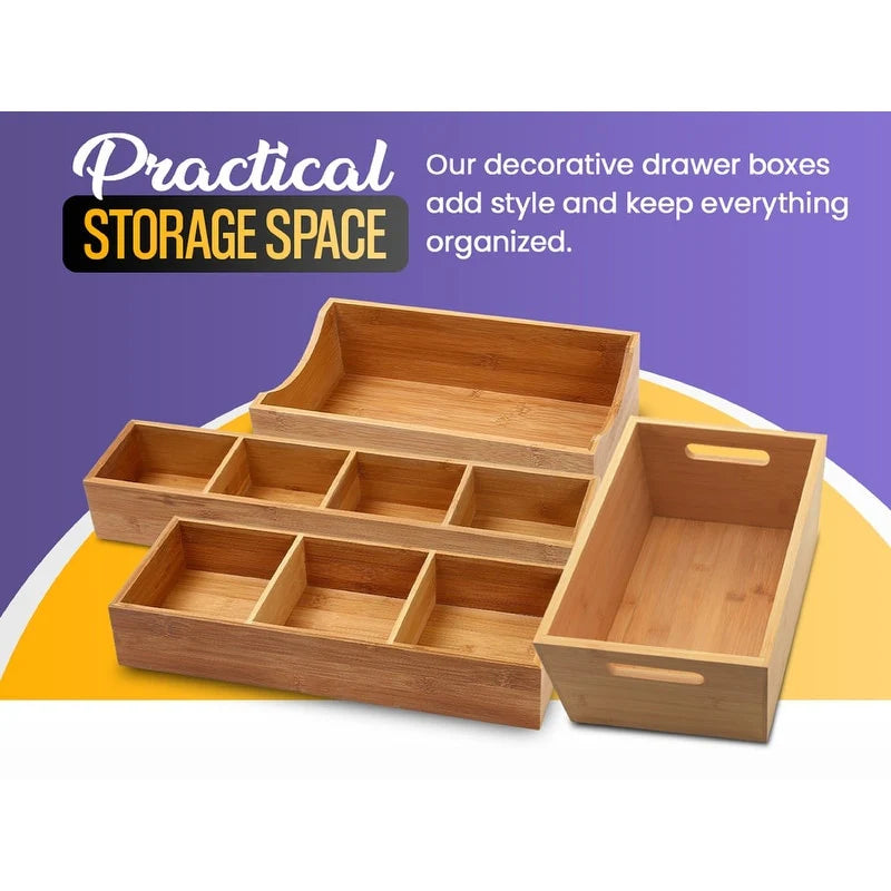 YBM HOME Bamboo 4 Compartment Organizer Tray for Drawers - 4 Compartment