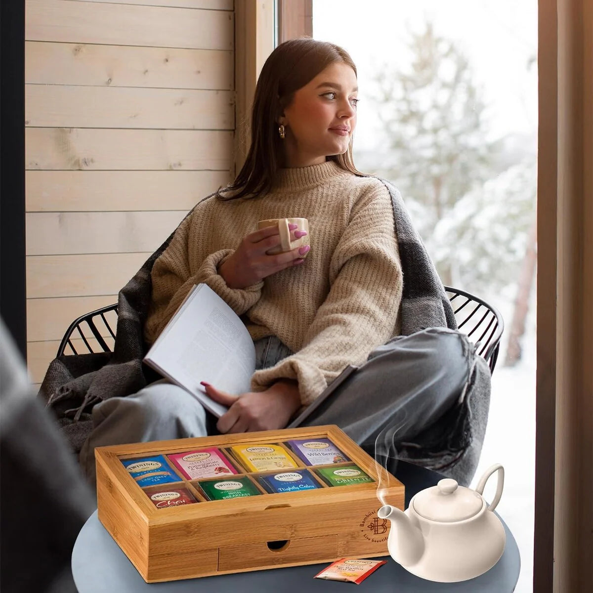 Tea Bag Organizer - Tea Organizer: Wooden Tea Box with 8 Compartments, Acrylic Window, and Magnetic Lid, Made of Bamboo