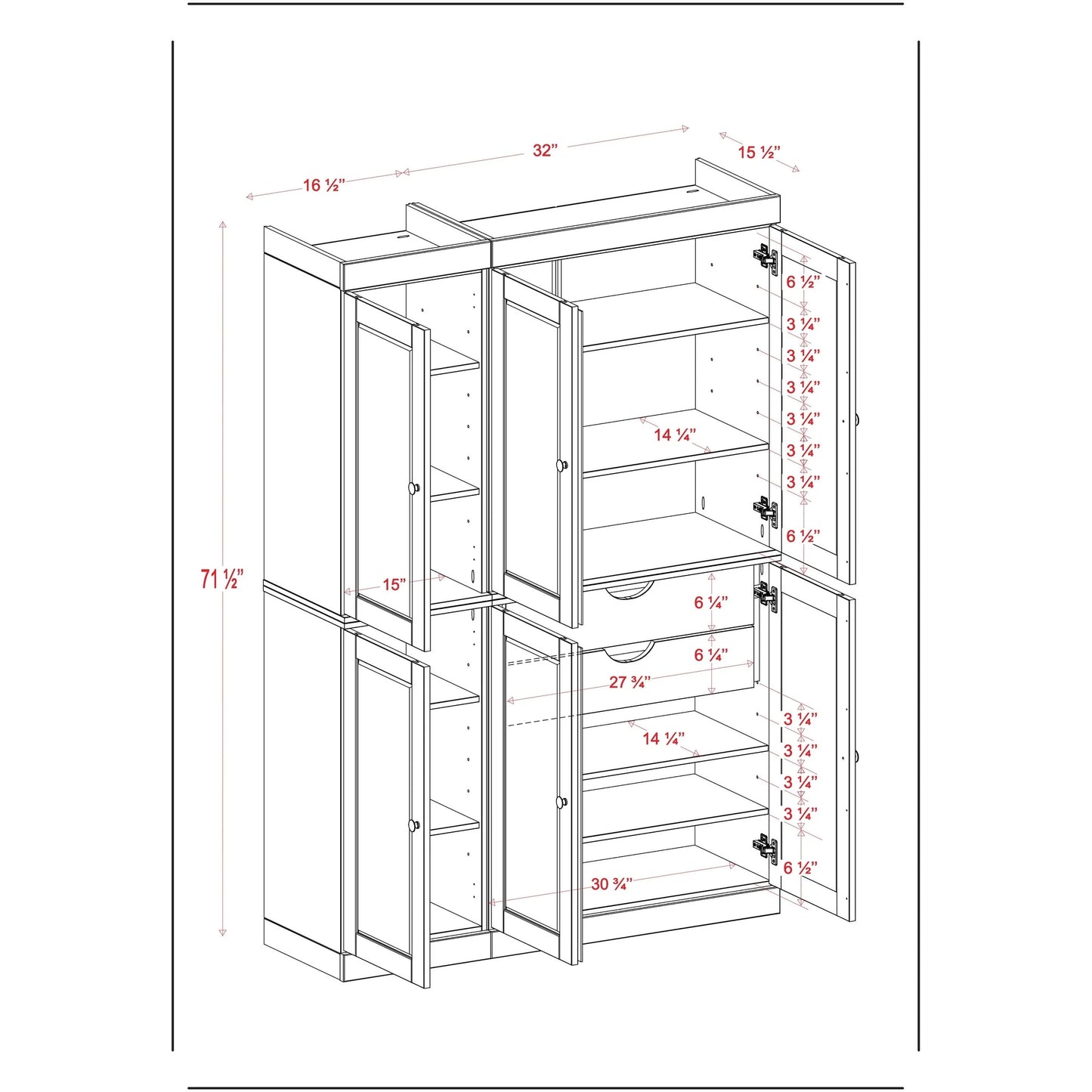 Palace Imports 100% Solid Wood China Pantry with Glass or Solid Wood Doors and 2-Drawers - 48.5" x 71.5"