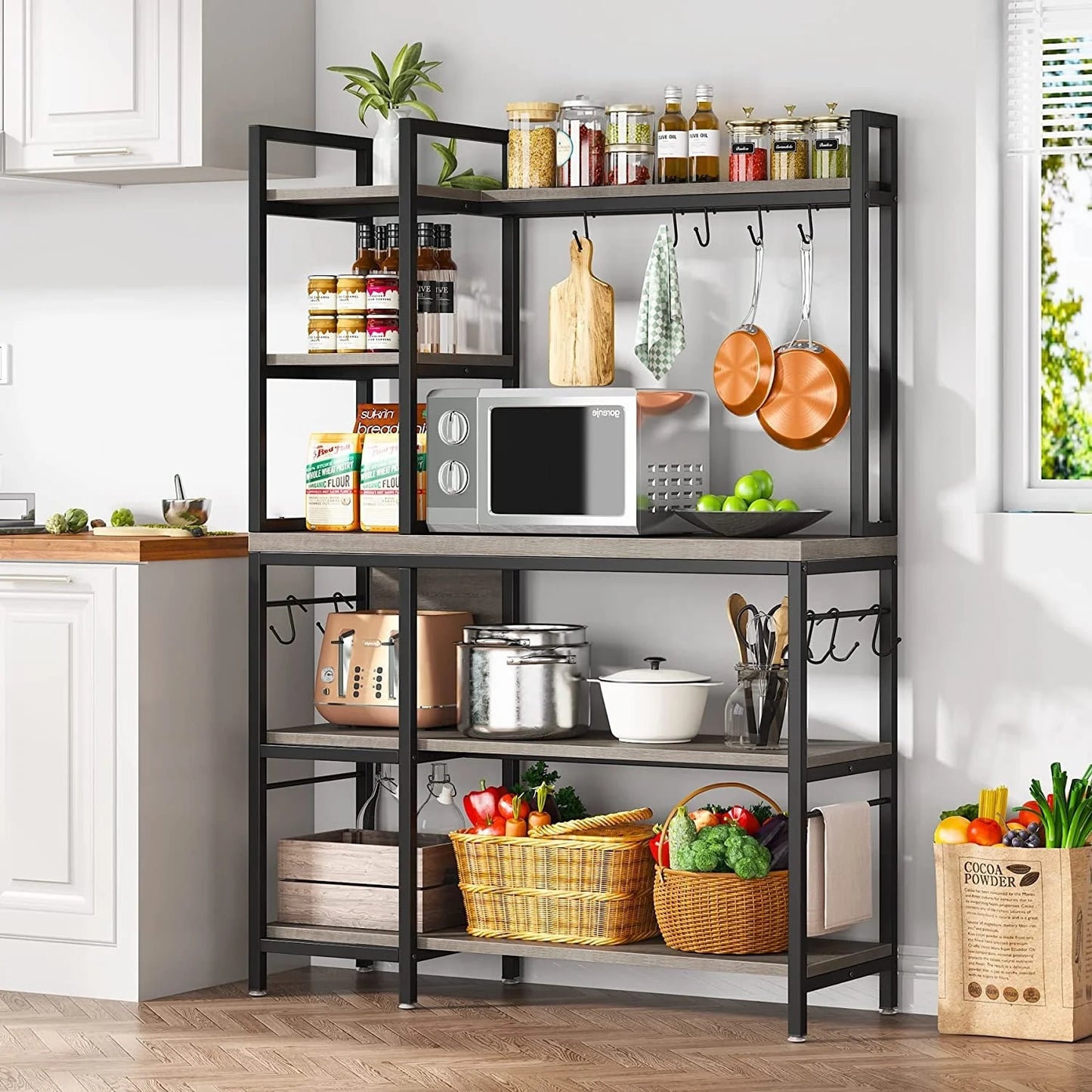 43 inch Kitchen Bakers Rack with Microwave Stand 5-Tier Kitchen Utility Storage Shelf Rack and10 Hooks for Kitchen Living Room