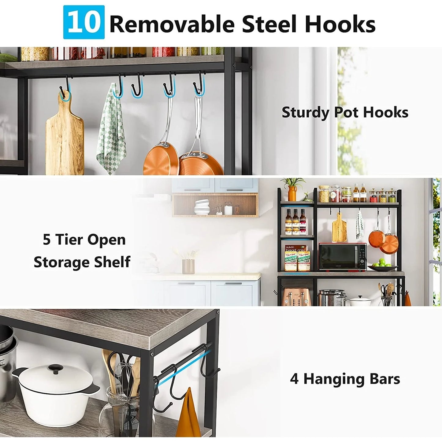 43 inch Kitchen Bakers Rack with Microwave Stand 5-Tier Kitchen Utility Storage Shelf Rack and10 Hooks for Kitchen Living Room