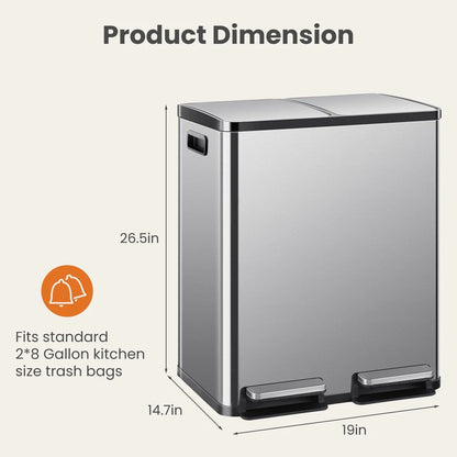 Large 60 Liter Stainless Steel Trash Can, Dual Compartment Plastic Inner Bucket (2 x 8 Gallon)