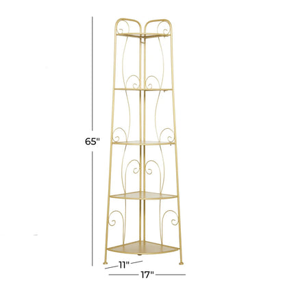 Metal Scroll Indoor Outdoor Tall Folding 5 Shelves Bakers Rack - Gold or White - Roche River Decor