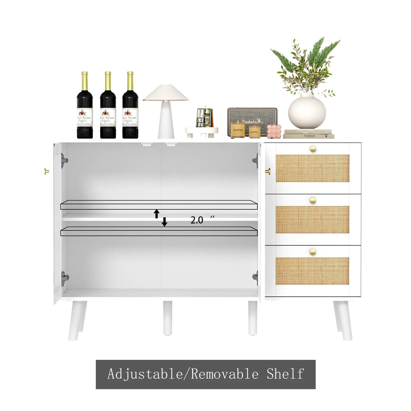 Anmytek Mid-Century Modern 2-Door Wood Rattan Buffet Sideboard Kitchen Storage Cabinet with 3 Drawers