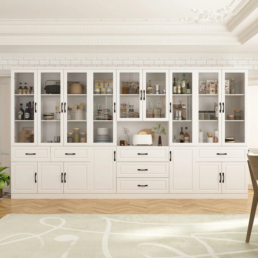 78.7"Modular White Curio Bookcase Cabinet w/Glass Doors Buffet Display