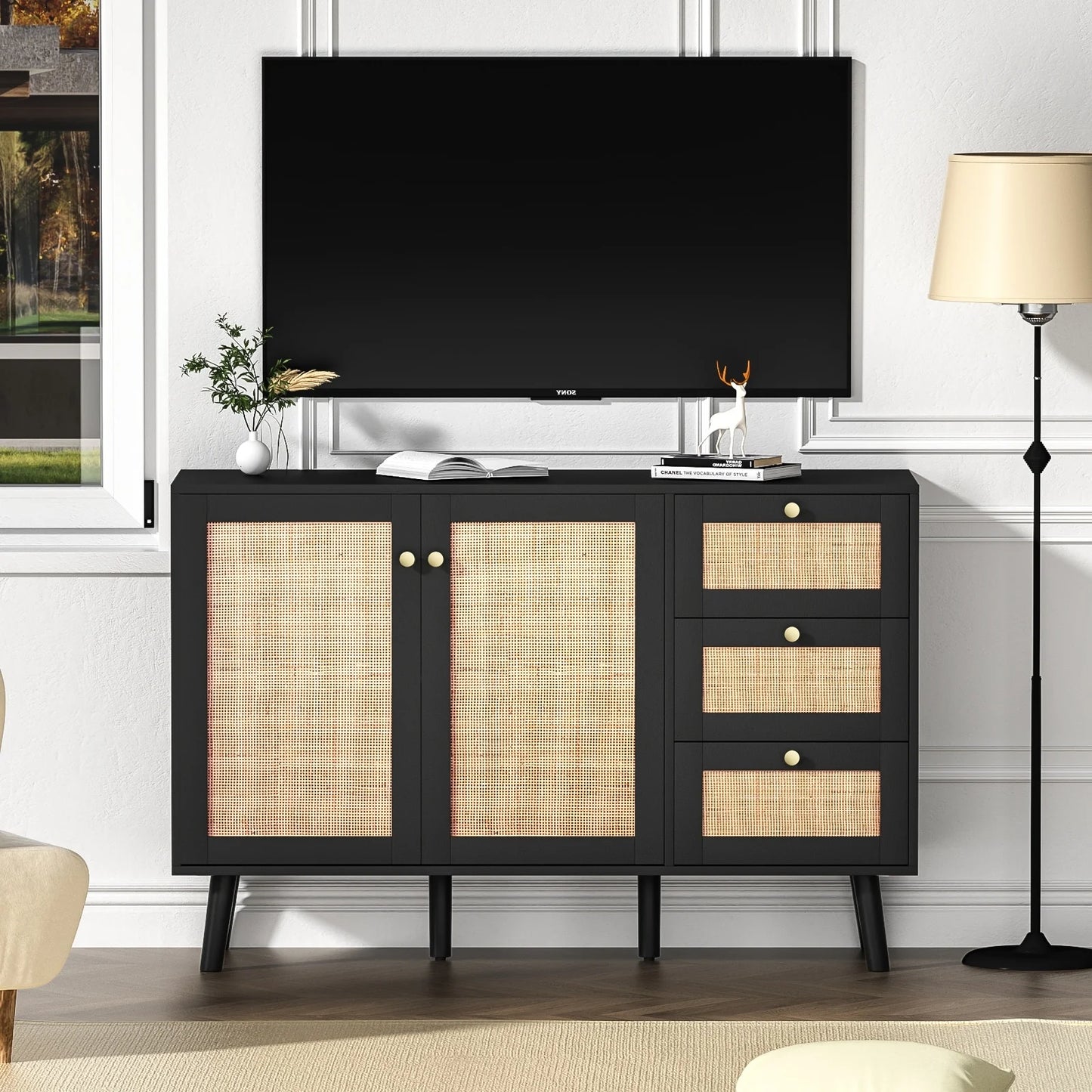 Anmytek Mid-Century Modern 2-Door Wood Rattan Buffet Sideboard Kitchen Storage Cabinet with 3 Drawers