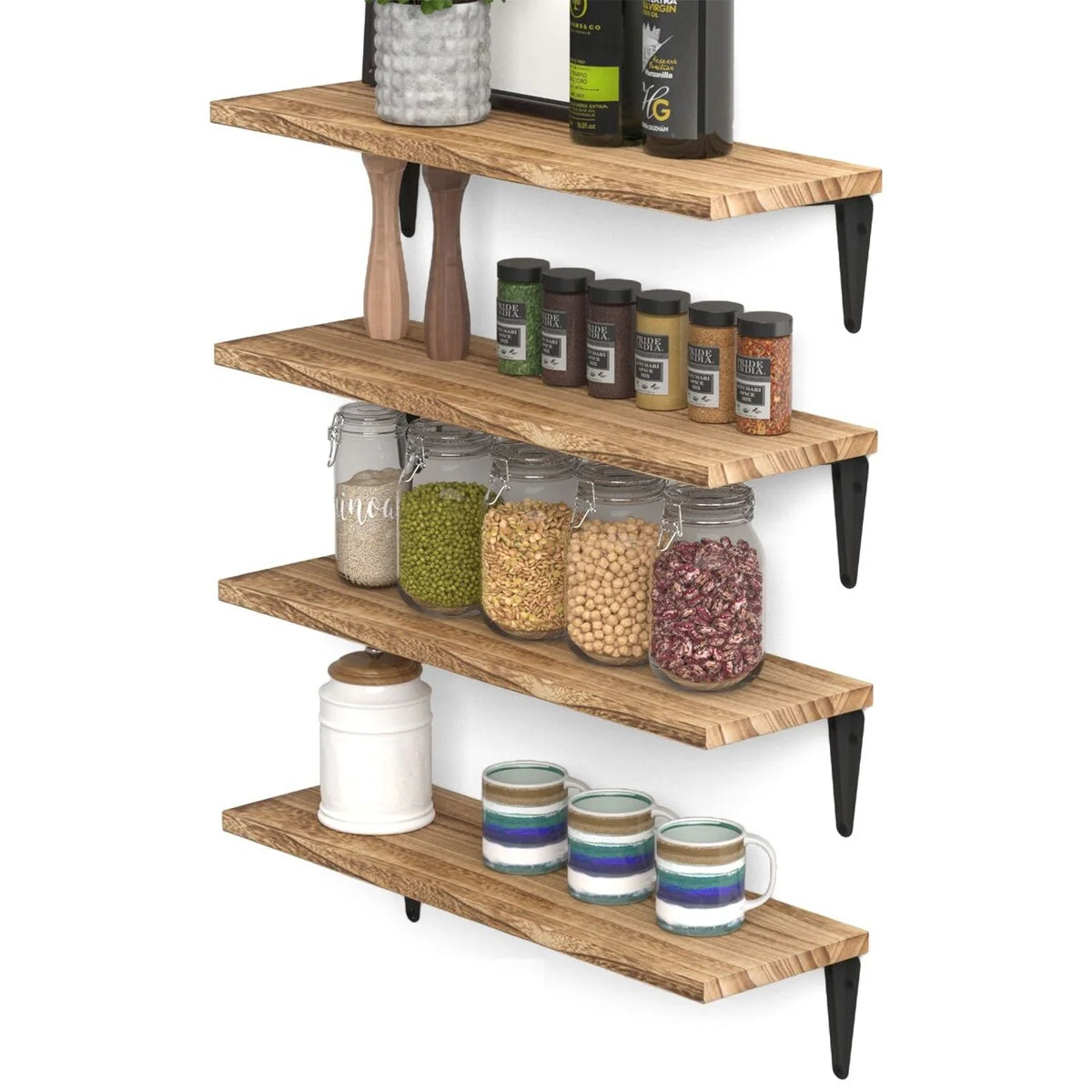 Wallniture Arras 17"x6" Solid Wood Kitchen Shelves for Wall, Burned Finish, Set of 4