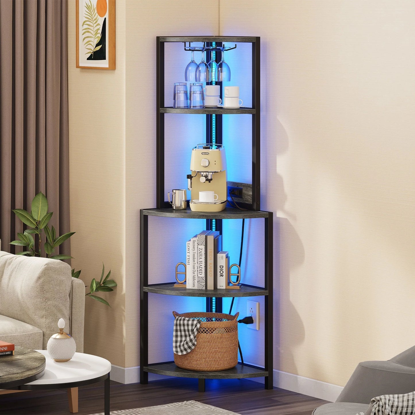 Moasis Freestanding Corner Wine Rack with Glass Holder and Storage Shelf