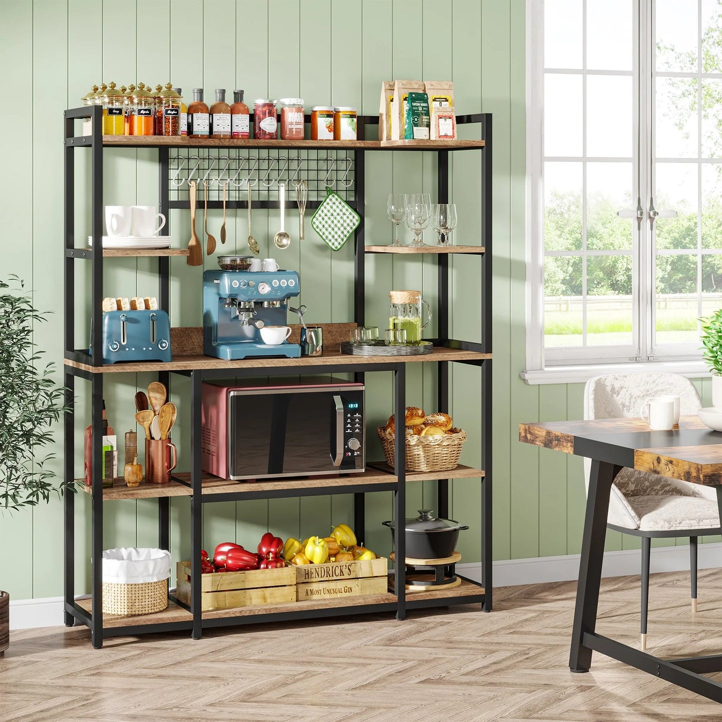 5-Tier Large Kitchen Bakers Rack, 55" Storage Shelf with 11 Hooks