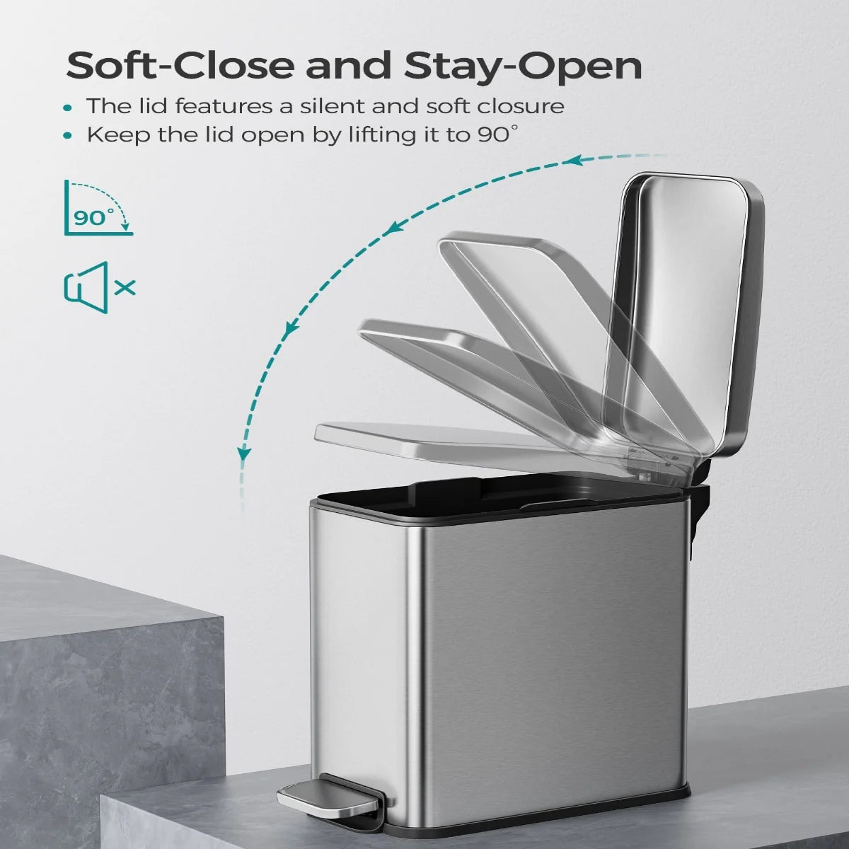 Stainless Steel Slim Bathroom Trash Can with Soft-Close Lid and Plastic Removable Inner Bucket