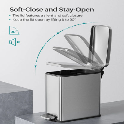 Stainless Steel Slim Bathroom Trash Can with Soft-Close Lid and Plastic Removable Inner Bucket