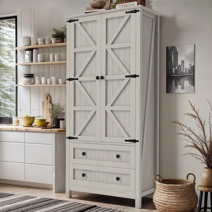 64" Farmhouse Tall Kitchen Pantry Storage Cabinet with 2 Drawers & Doors