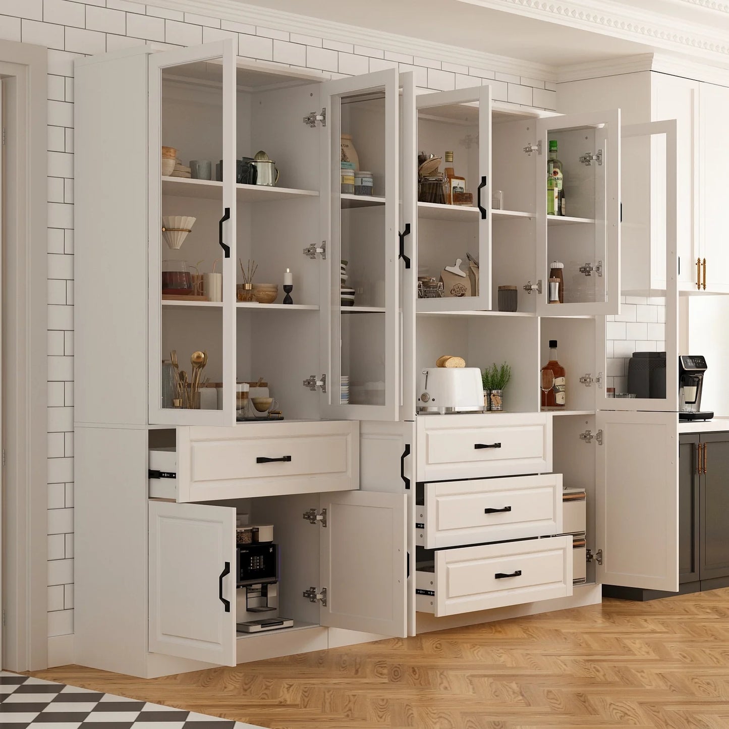 78.7"Modular White Curio Bookcase Cabinet w/Glass Doors Buffet Display