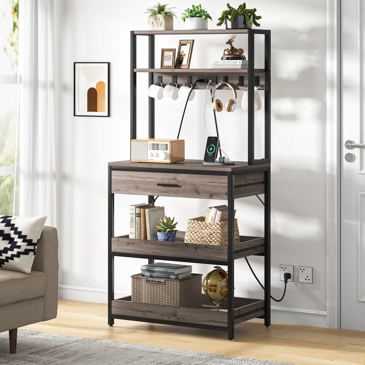 Kitchen Bakers Rack with Power Outlets, High Utility Storage Shelves Microwave Stand with Drawers