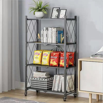 4-Tier Foldable Storage Shelving Unit, Heavy Duty Metal Shelf, Kitchen Shelf with 3 Hooks
