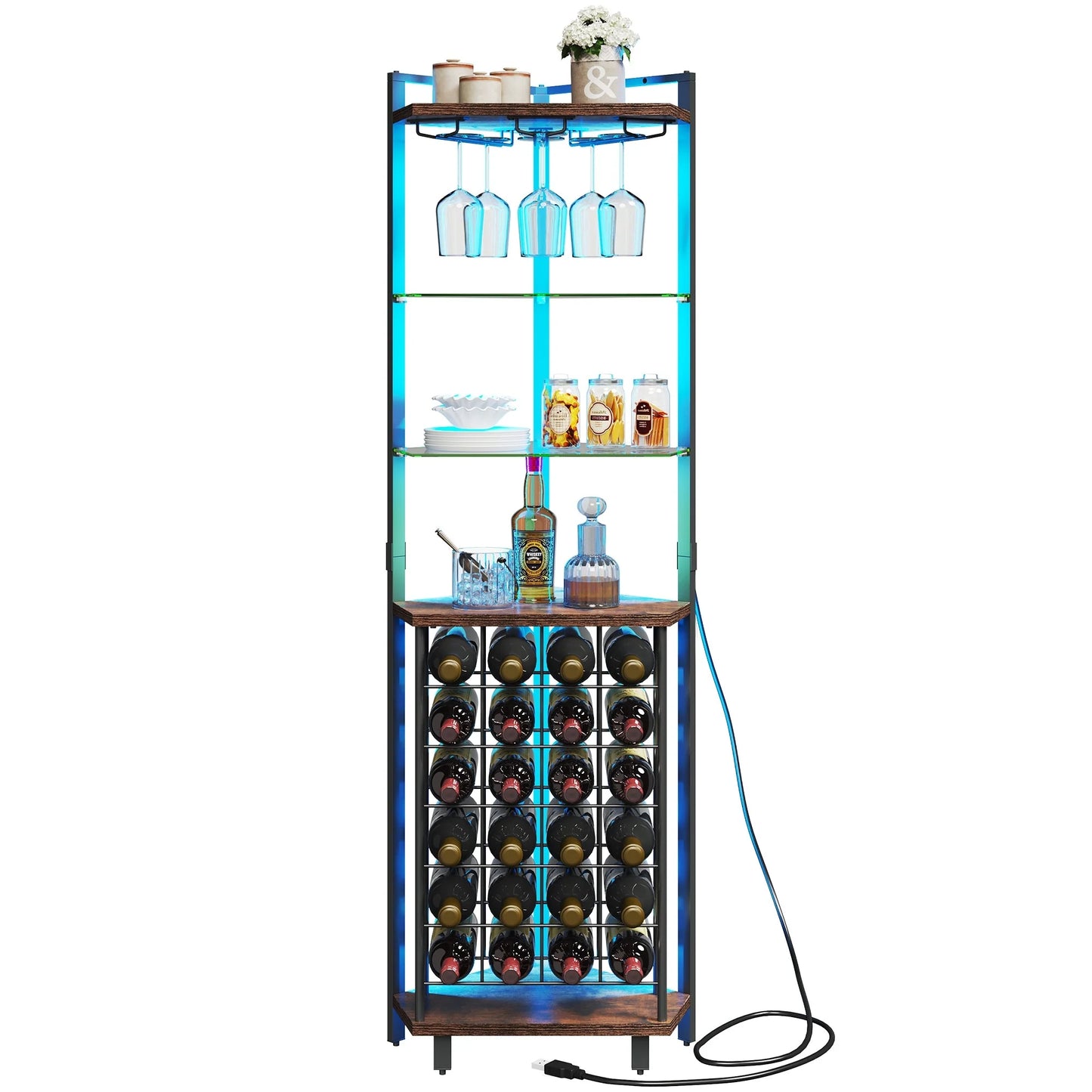 Moasis 4-Tier Corner Wine Rack Bar Storage with Glass Holder and Shelves