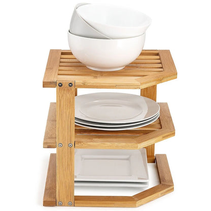 Bambusi Corner Kitchen Storage Shelf for Organizing Plates and Bowls
