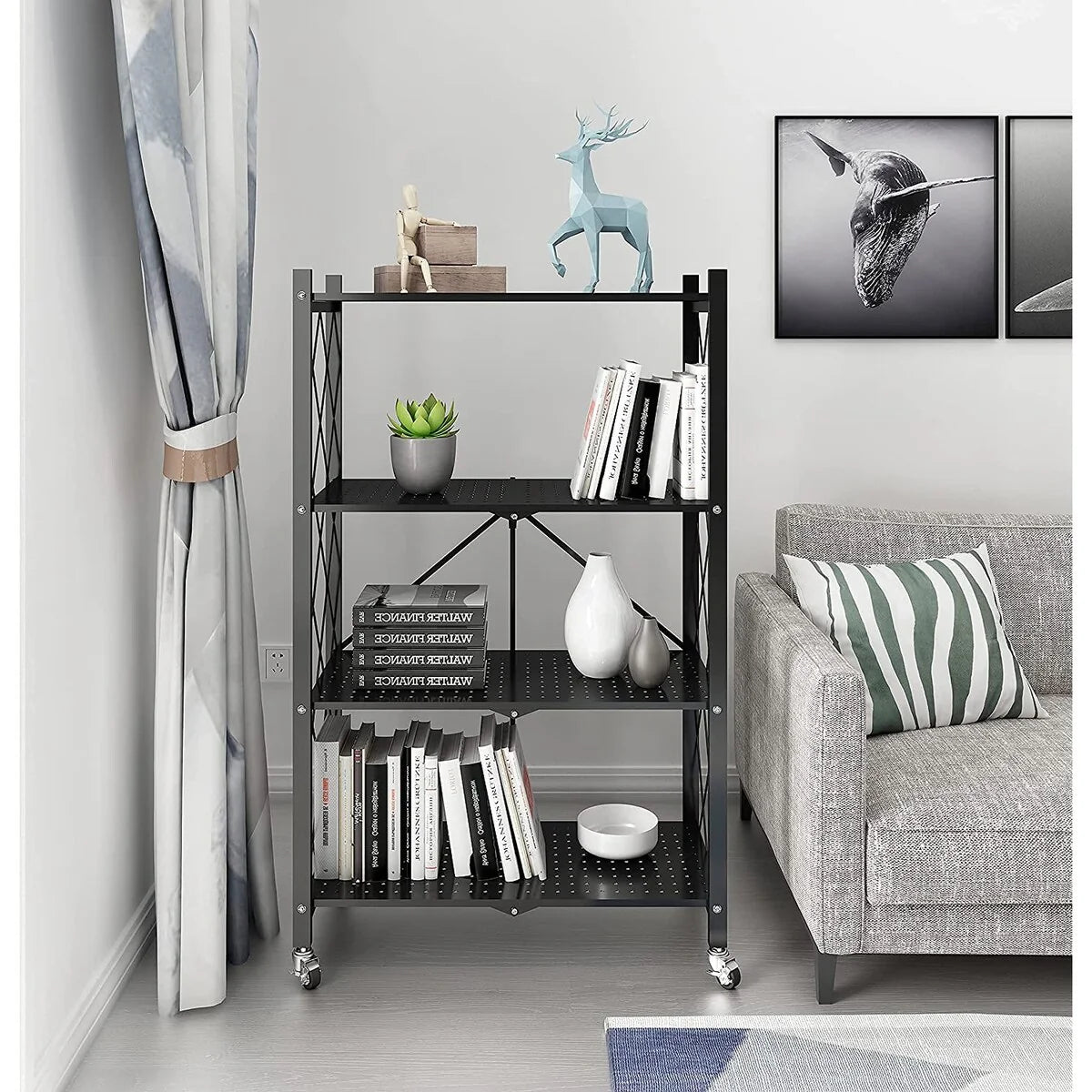 4-Tier Foldable Storage Shelving Unit, Heavy Duty Metal Shelf, Kitchen Shelf with 3 Hooks