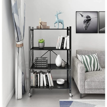 4-Tier Foldable Storage Shelving Unit, Heavy Duty Metal Shelf, Kitchen Shelf with 3 Hooks