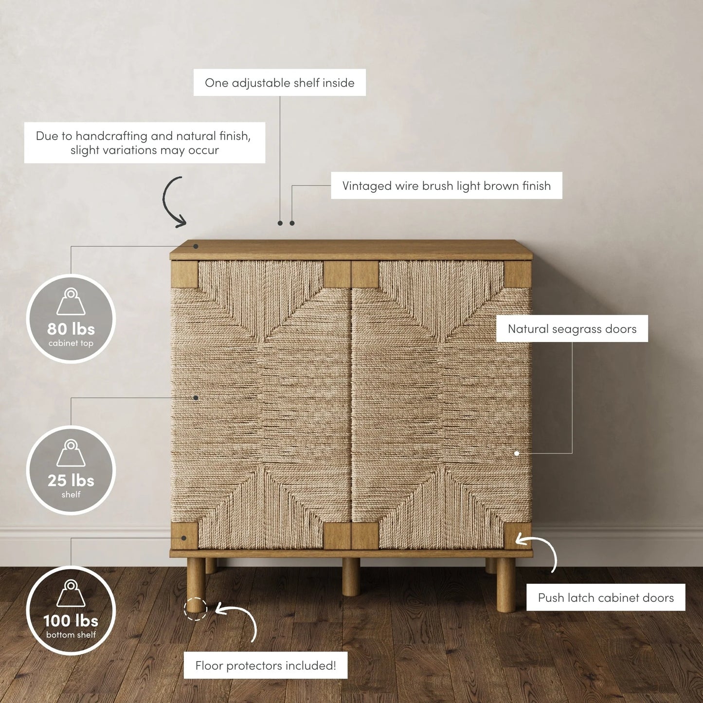 Nathan James Beacon Wood Accent Cabinet with Seagrass Doors and Adjustable Shelf