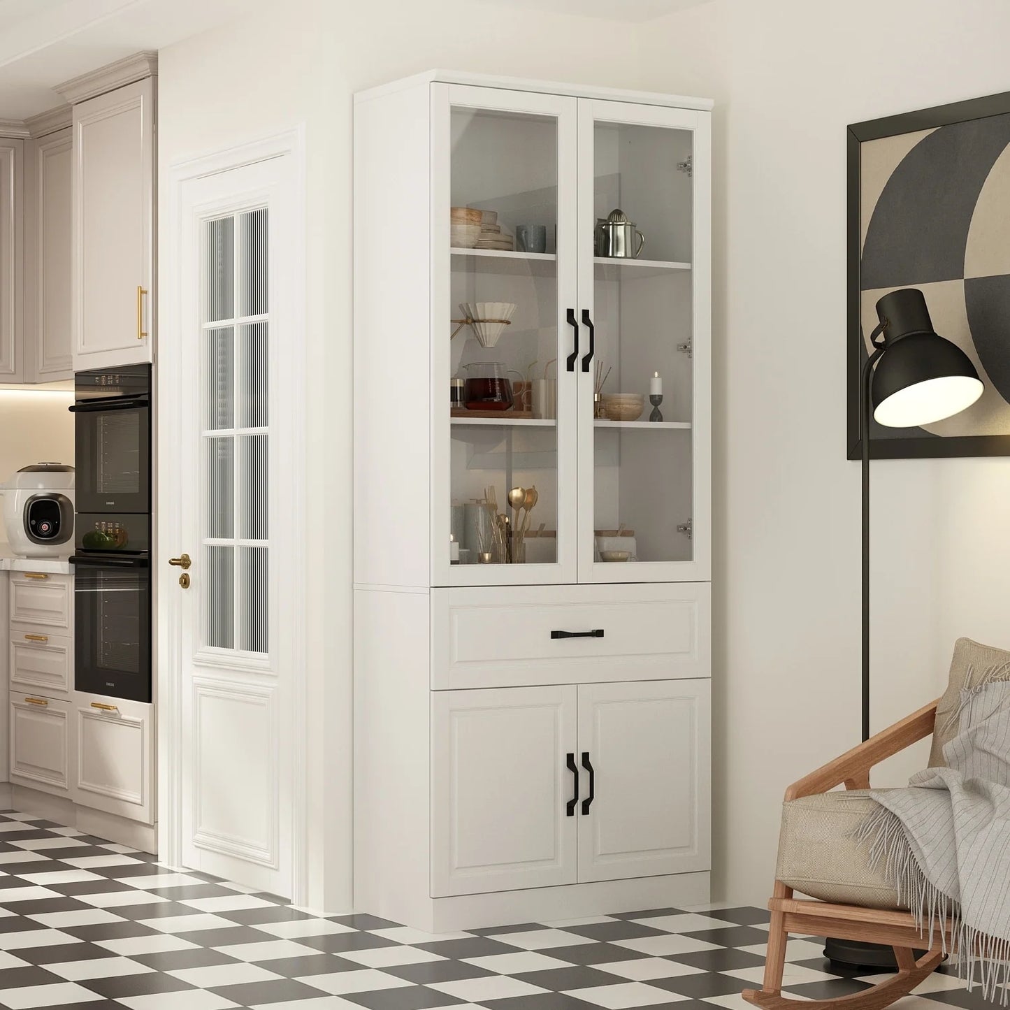78.7"Modular White Curio Bookcase Cabinet w/Glass Doors Buffet Display