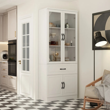 78.7"Modular White Curio Bookcase Cabinet w/Glass Doors Buffet Display