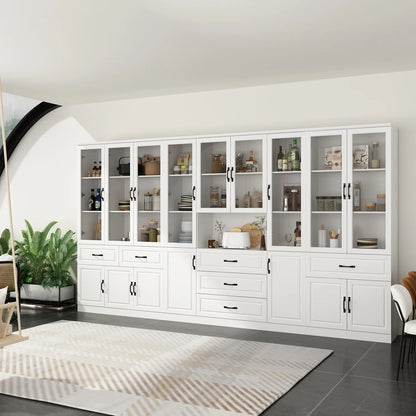78.7"Modular White Curio Bookcase Cabinet w/Glass Doors Buffet Display