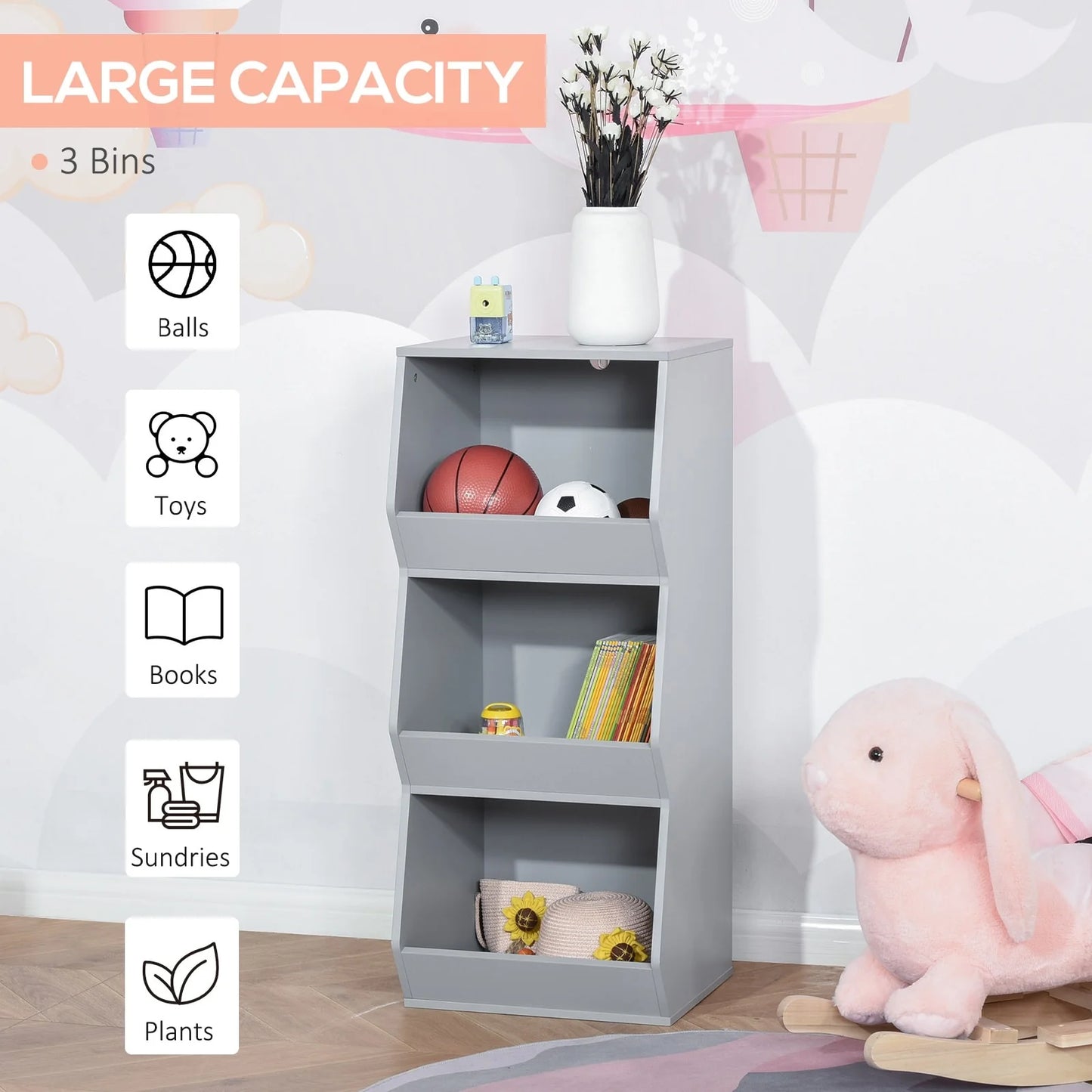 HOMCOM Kids Storage Cabinet 3 Shelves Anti-toppling Toy Storage Organizer Children Bookcase Book Rack, Grey