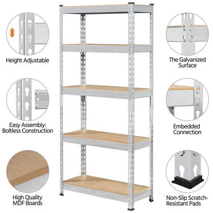 Yaheetech 5 Tiers Boltless Storage Shelf 330lb Capacity for Each Tier,Metal Frame MDF Wood Boards