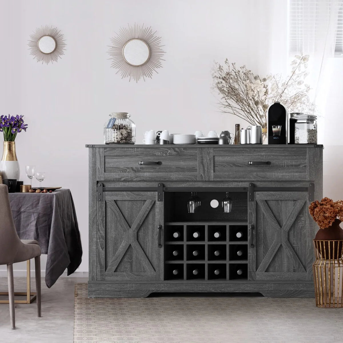 Royalcraft 51.96 Inch Bar Cabinet with Wine Rack and Large Storage