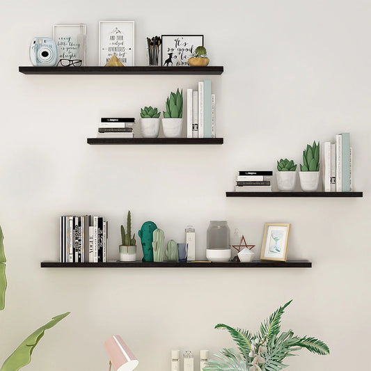 4Pcs Wood Floating Shelves Wall Mounted White Black Storage Shelf Set Home Decor
