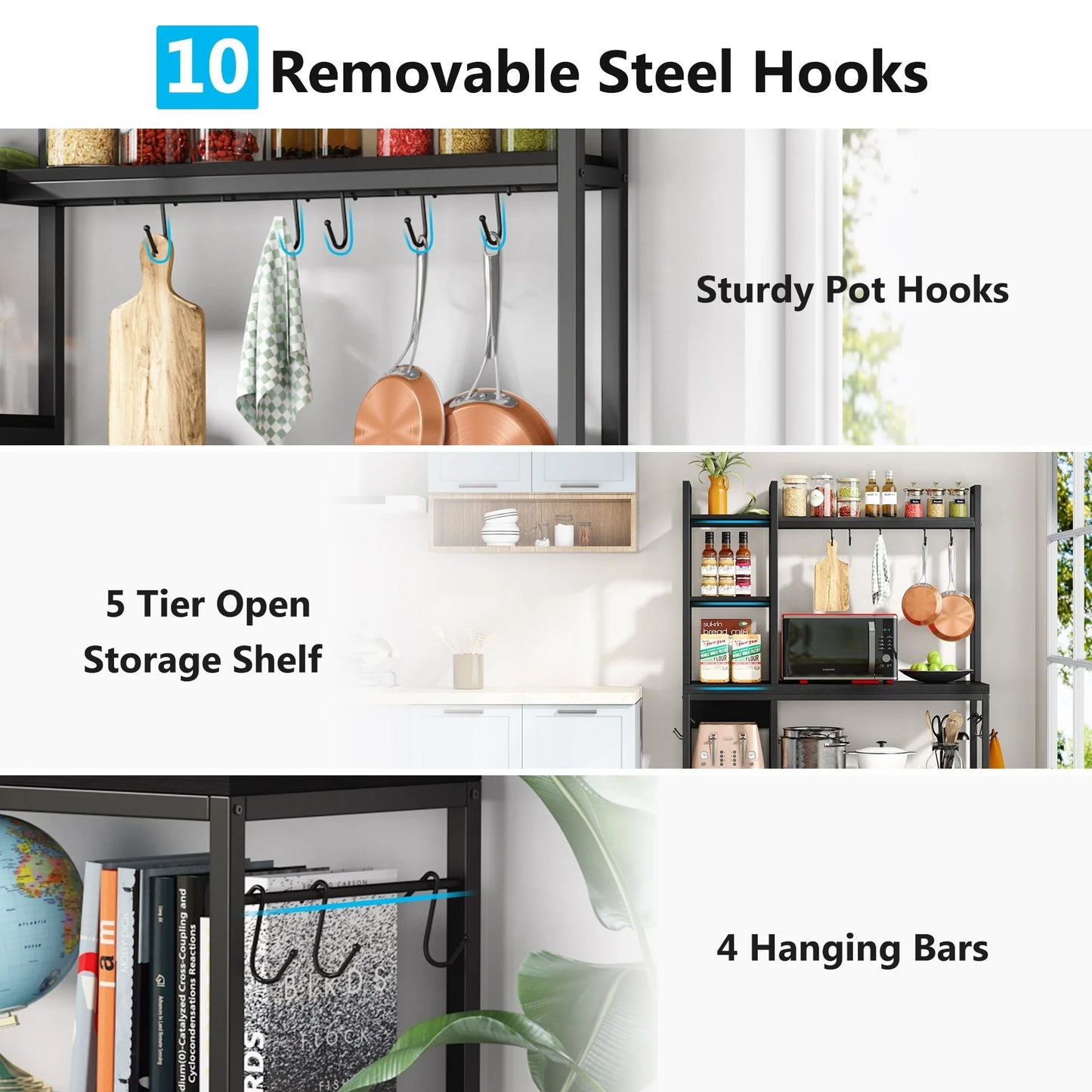 43 inch Kitchen Bakers Rack with Microwave Stand 5-Tier Kitchen Utility Storage Shelf Rack and10 Hooks for Kitchen Living Room