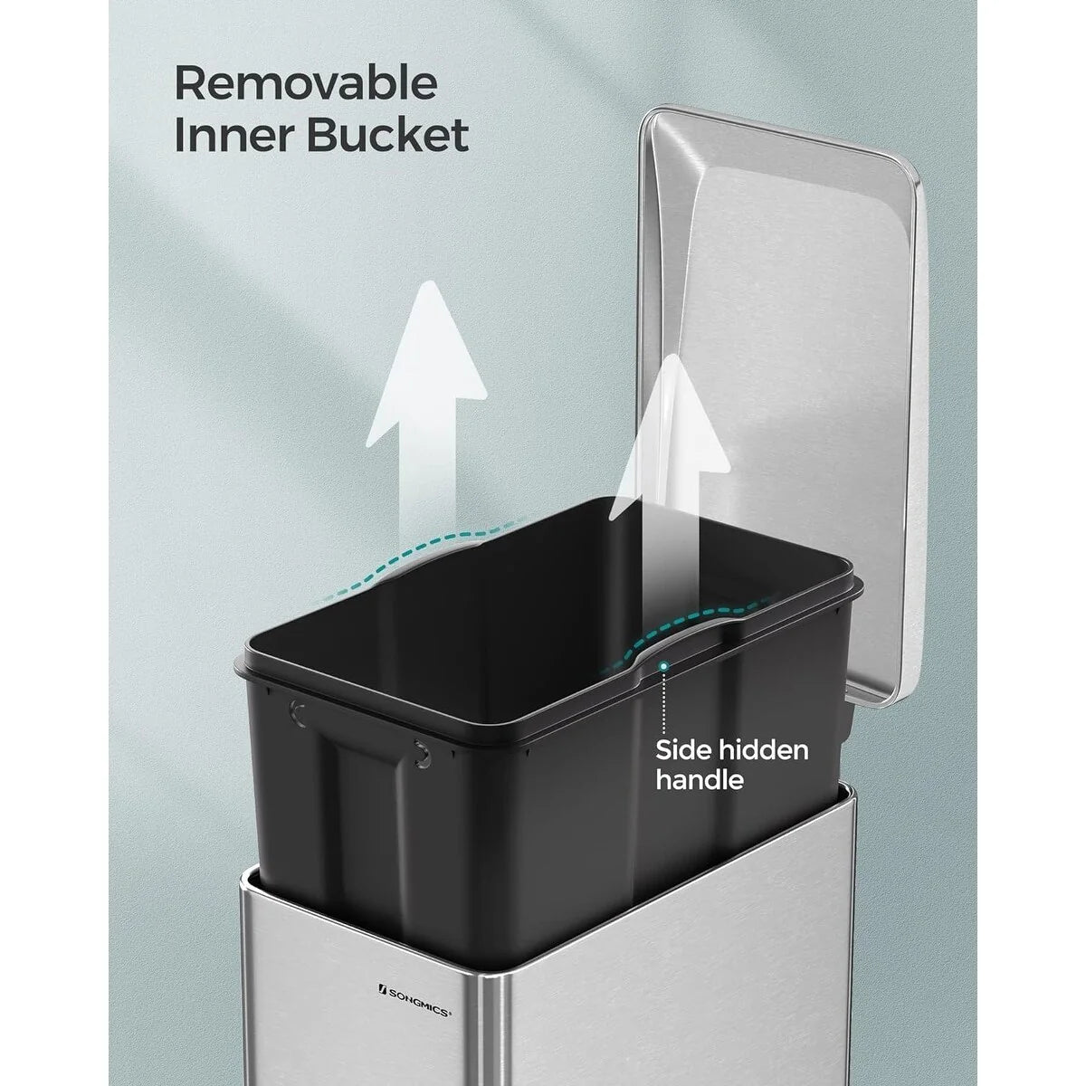 SONGMICS 12.7 Gallon Garbage Can for Narrow Spaces, Silver