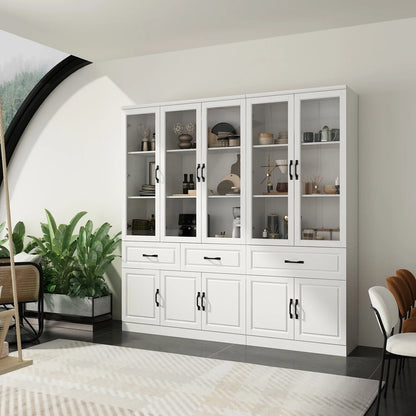 78.7"Modular White Curio Bookcase Cabinet w/Glass Doors Buffet Display