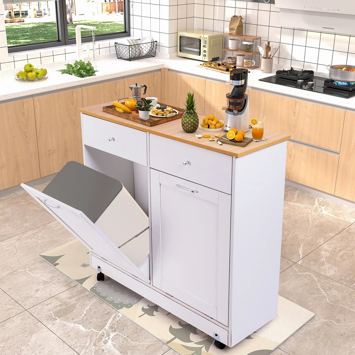 Erommy Tilt Out Trash Cabinet, Wooden Kitchen Trash Can Free Standing Waste Bin, Recycling Hideaway Garbage Can Holder