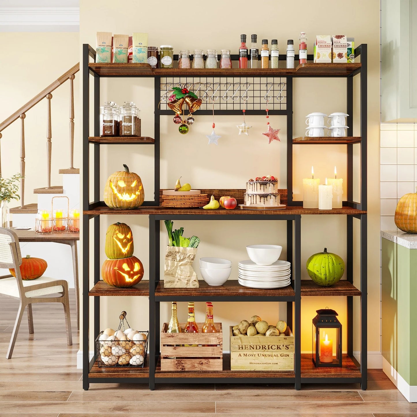 5-Tier Large Kitchen Bakers Rack, 55" Storage Shelf with 11 Hooks
