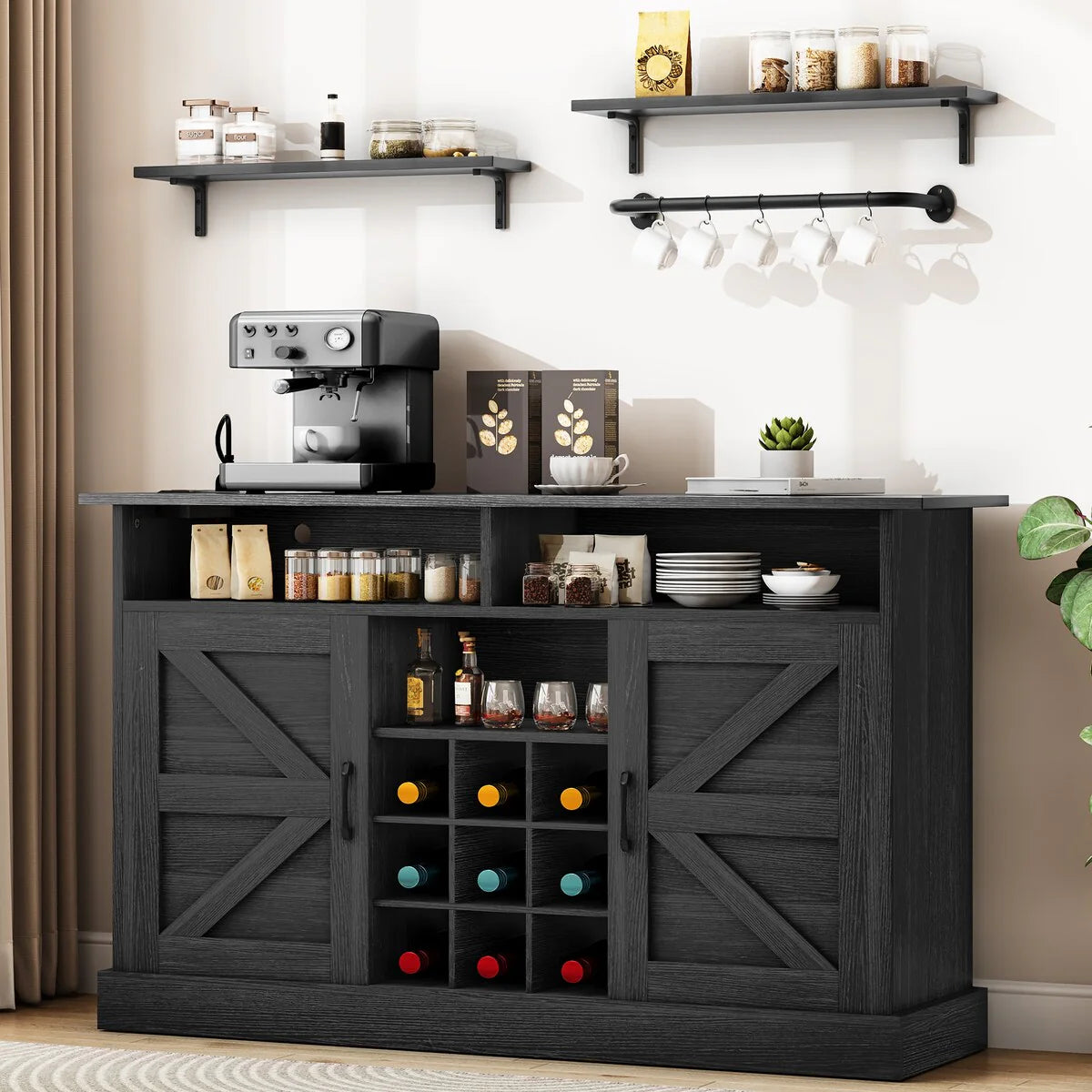 52"Farmhouse Coffee Bar Cabinet with Floating Shelf - 15.75"D x 52"W x 34"H