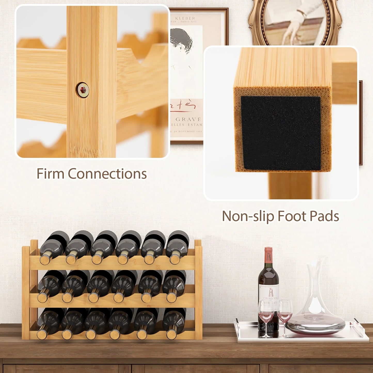 Gymax 3 Tier 18 Bottle Wine Storage Cabinet Shelf Bamboo Wine Rack for