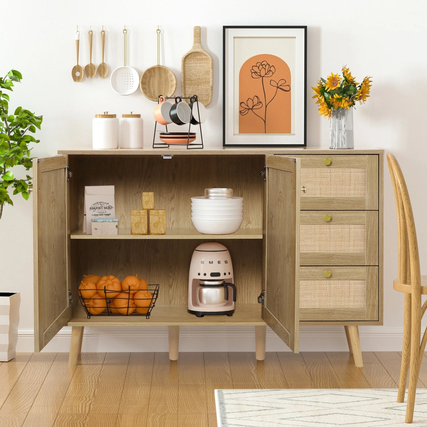 Anmytek Mid-Century Modern 2-Door Wood Rattan Buffet Sideboard Kitchen Storage Cabinet with 3 Drawers