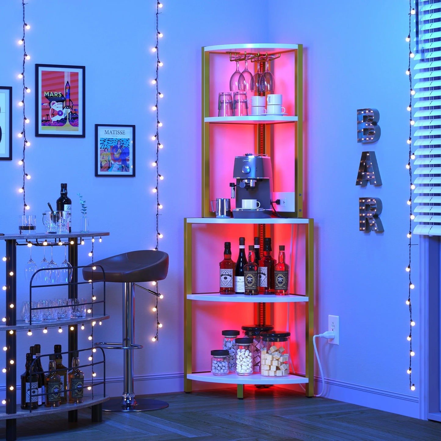 Moasis Freestanding Corner Wine Rack with Glass Holder and Storage Shelf