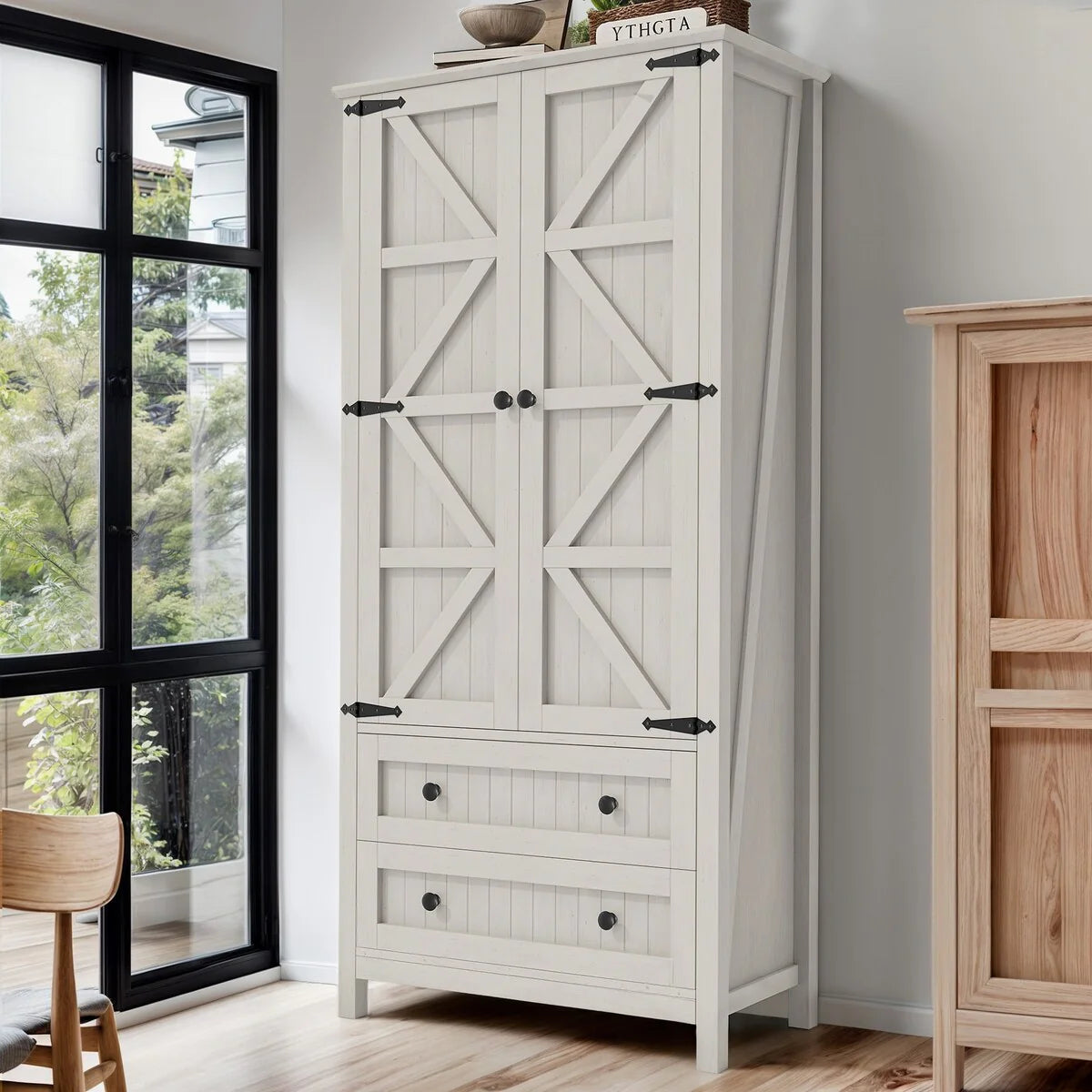 64" Farmhouse Tall Kitchen Pantry Storage Cabinet with 2 Drawers & Doors
