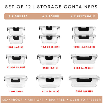JoyFul 24 Piece Glass Food Storage Containers Set with Airtight Lids