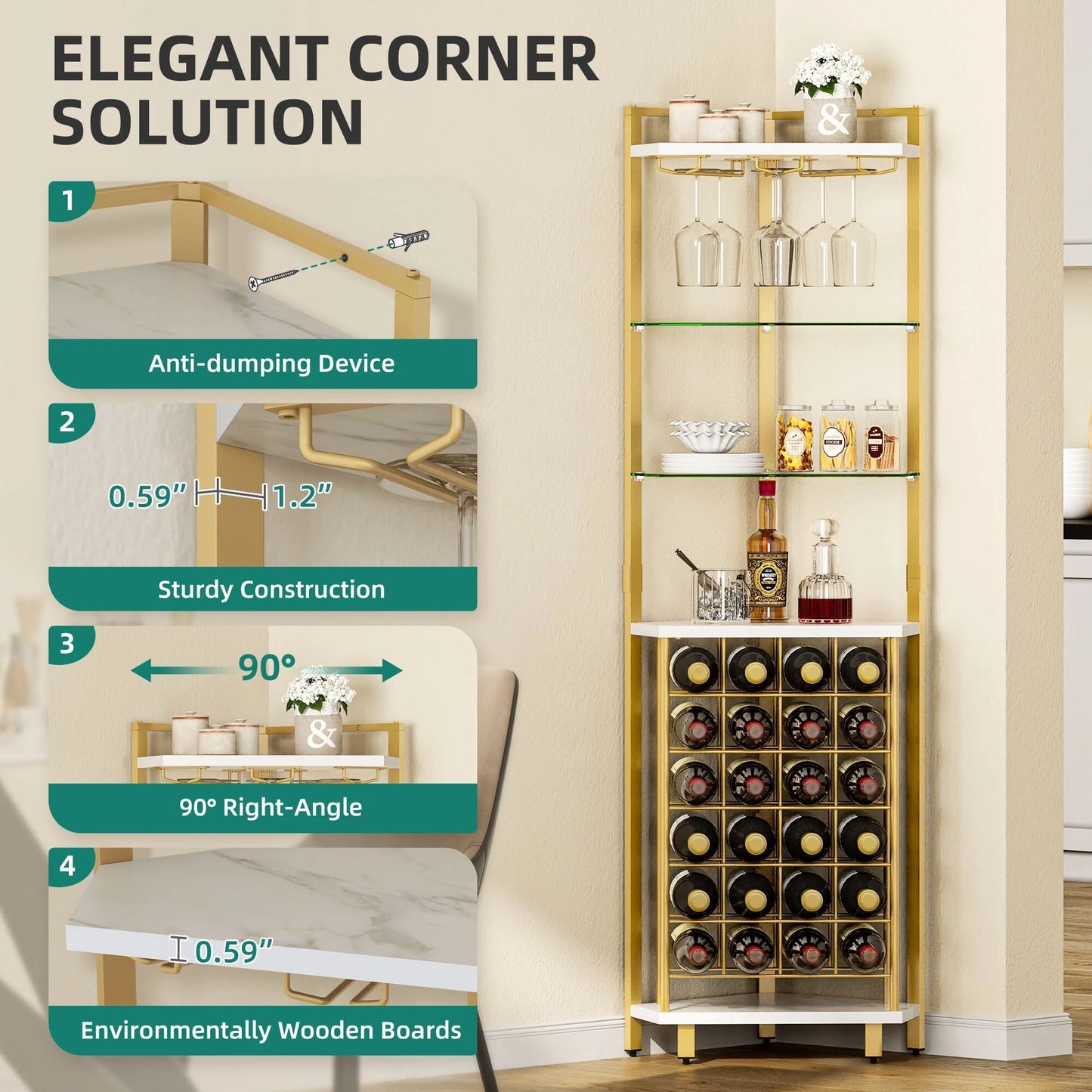 Moasis 4-Tier Corner Wine Rack Bar Storage with Glass Holder and Shelves