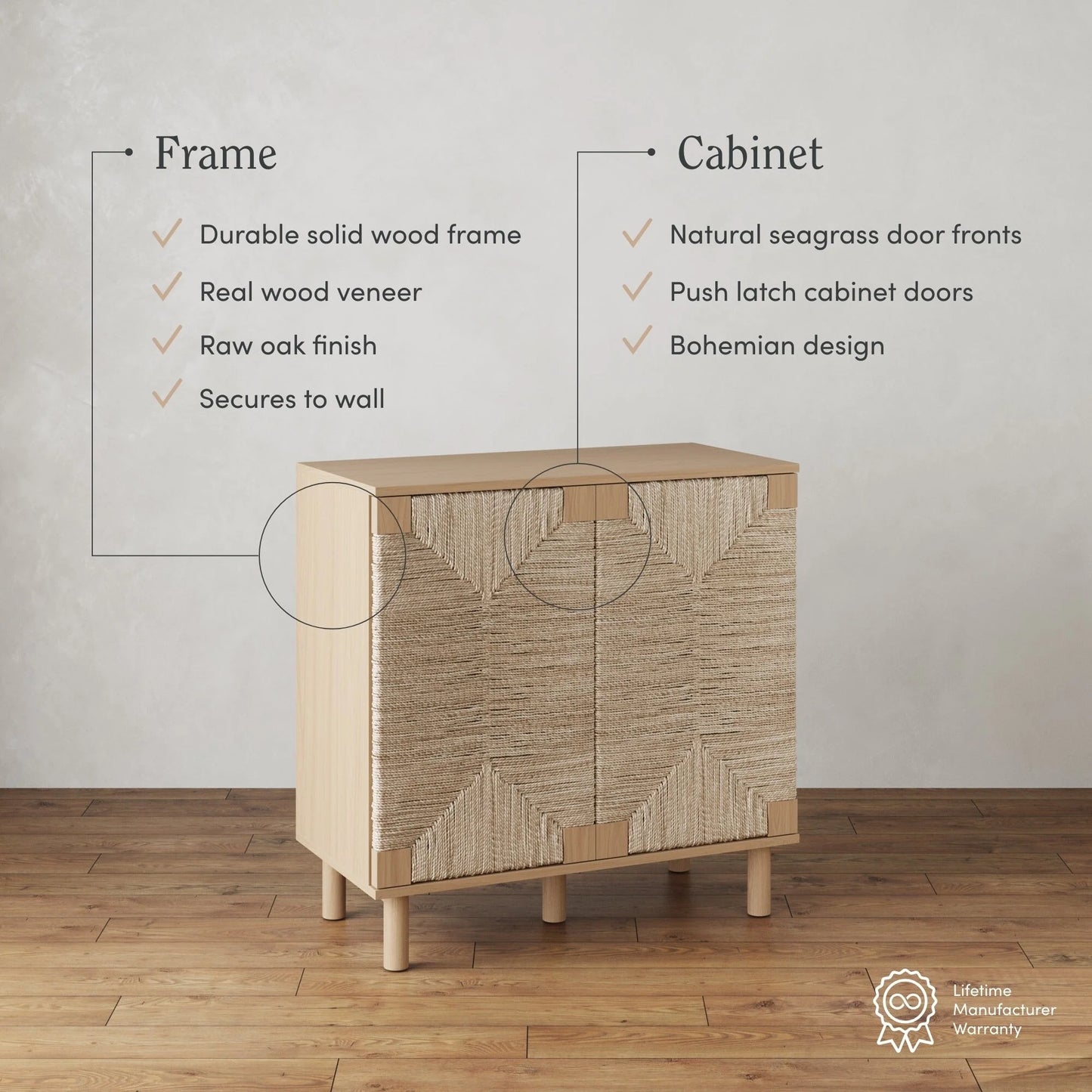Nathan James Beacon Wood Accent Cabinet with Seagrass Doors and Adjustable Shelf
