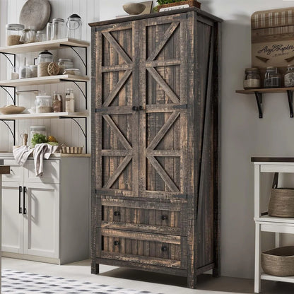 64" Farmhouse Tall Kitchen Pantry Storage Cabinet with 2 Drawers & Doors