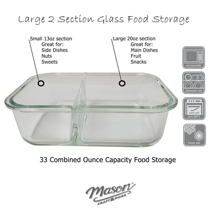 Mason Craft & More 33oz Rectangular 2.5 Section Glass Food Storage with Gray Gasket - Set of 6