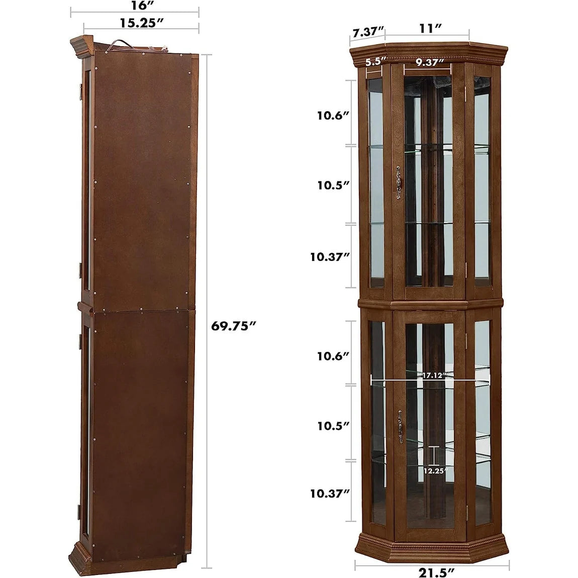 Corner Curio Cabinet with Lights Adjustable Tempered Glass Shelve