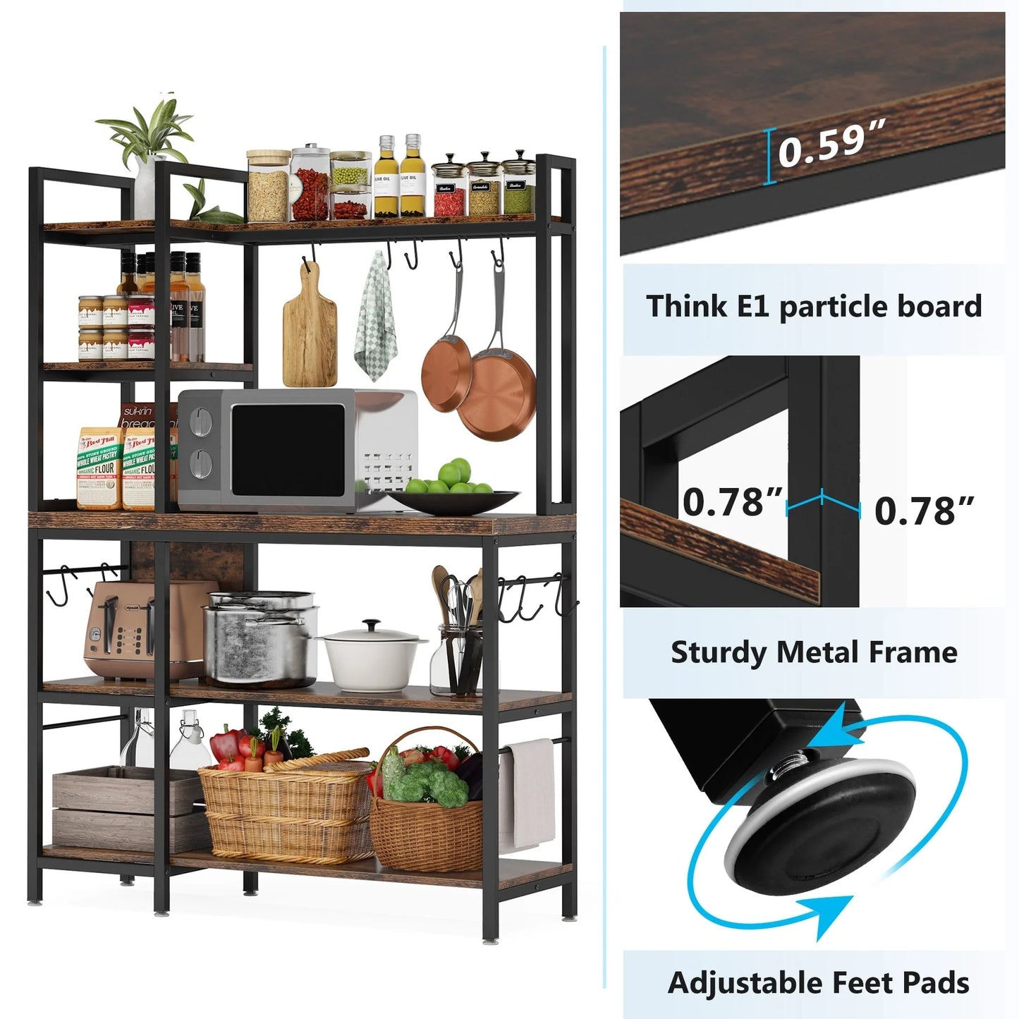 43 inch Kitchen Bakers Rack with Microwave Stand 5-Tier Kitchen Utility Storage Shelf Rack and10 Hooks for Kitchen Living Room